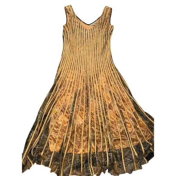 MODELLA Pleated Sleeveless Gold/ Multi-Color Print Overlay Midi Dress Size L - Picture 3 of 16